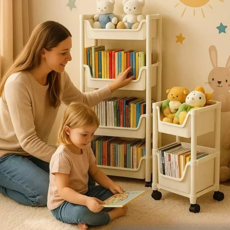 Trolley Storage Rack Mobile Bookshelf Organizer with Wheels Kitchen Bathroom Living Room Home Office Space Saving DIY Organizer
